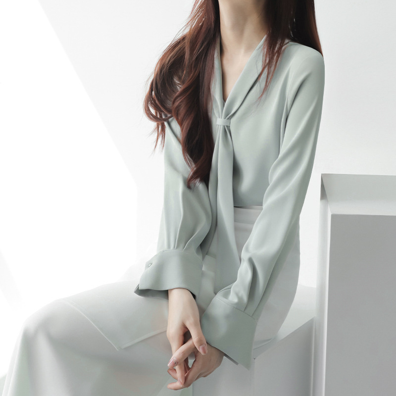 Mzoxom Design Long-Sleeved Shirt Women's Spring & Fall Ribbon Collar High-End Top Elegant Work Clothing White Shirt