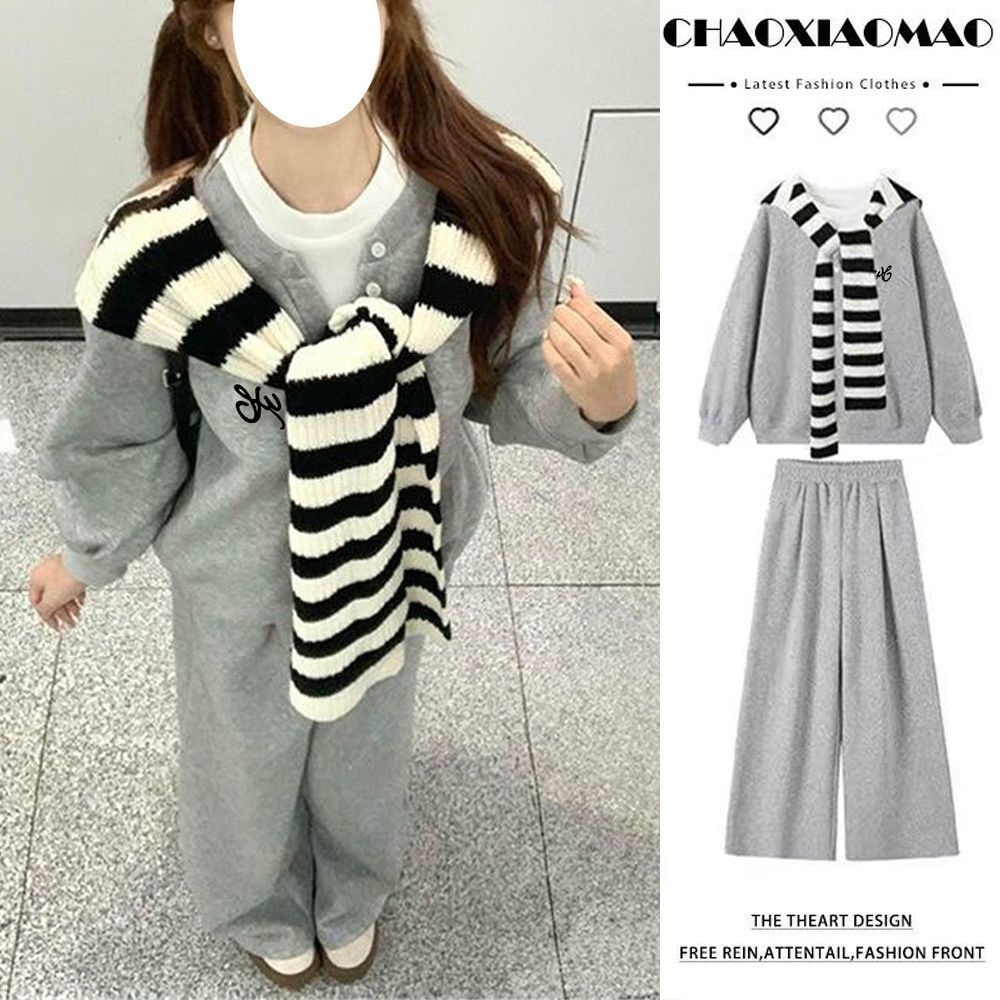 单/套装秋季假两件卫衣女带帽披肩+宽松阔腿裤网红甜美穿搭三件套