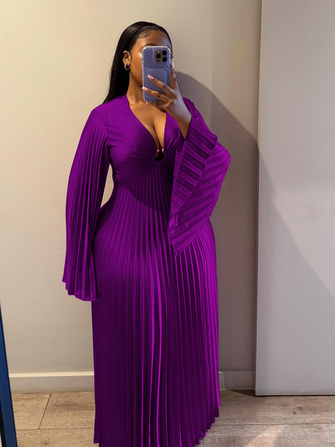 Women's Clothing Elegant Slim Fit Women's Dress V Neck Pleated Long Sleeve Solid Color Casual Spring/Autumn Dress_ecoleips.com