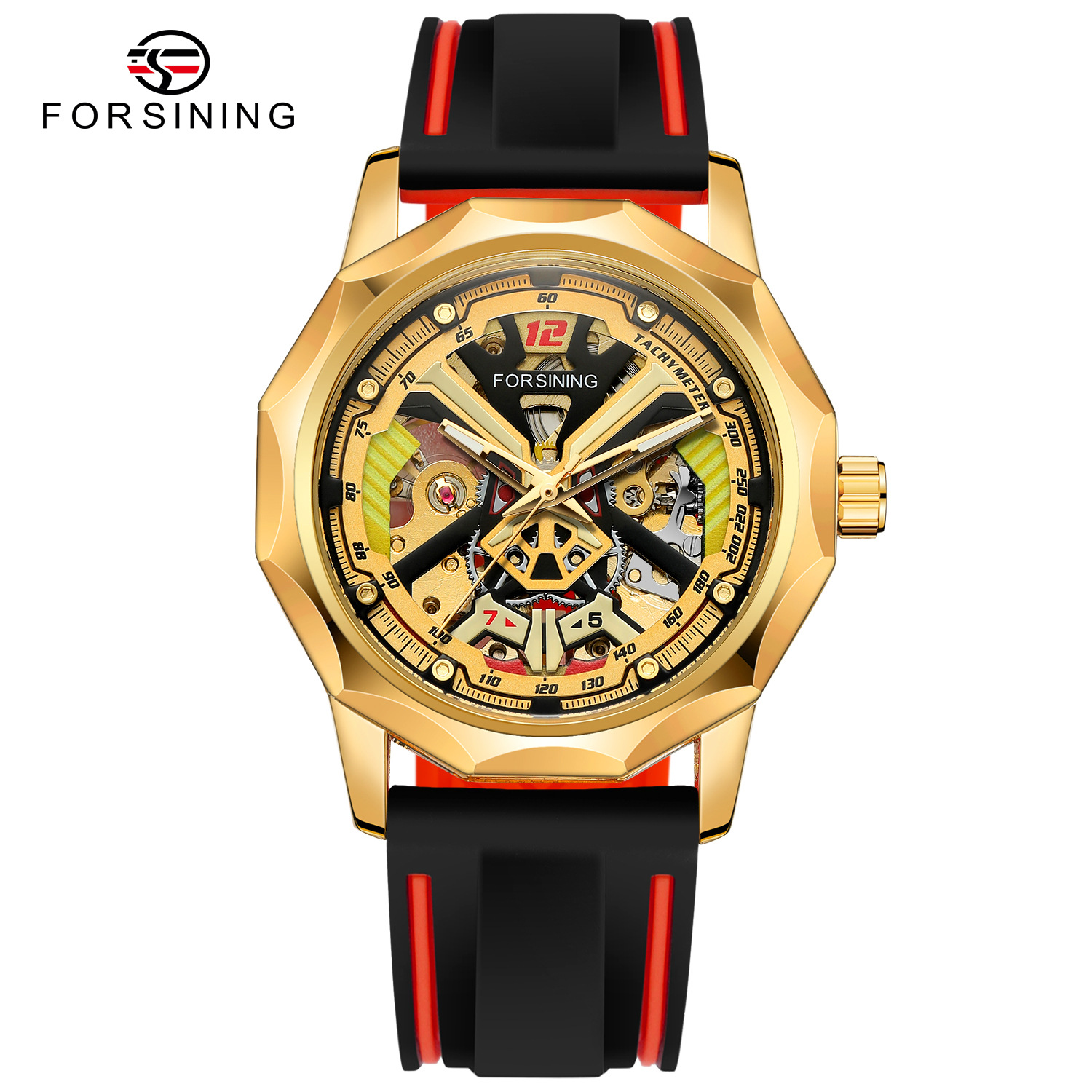 Orologio meccanico a carica manuale da uomo FORSINING con cinturino in gomma scheletrato e cassa trasparente._voghion.com