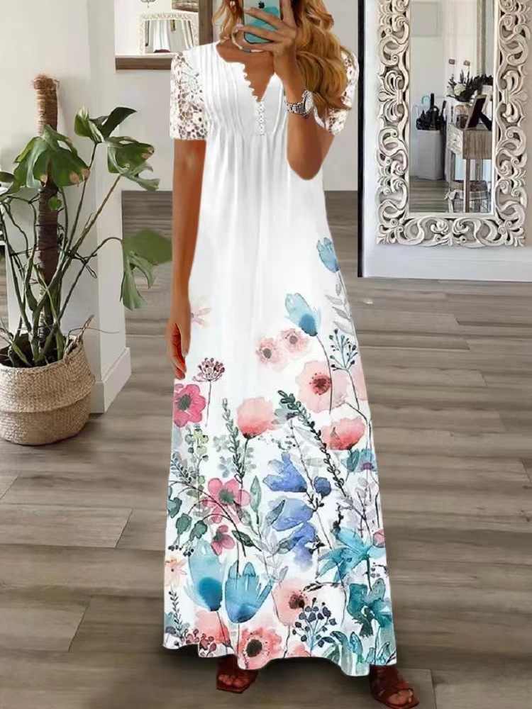 Frau Swing-kleid Lässig V-ausschnitt Drucken Kurzarm Blume Maxi Langes Kleid Täglich Straße display picture 4