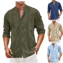 2024速卖通跨境新款男士青年开衫纽扣纯色休闲立领长袖衬衫