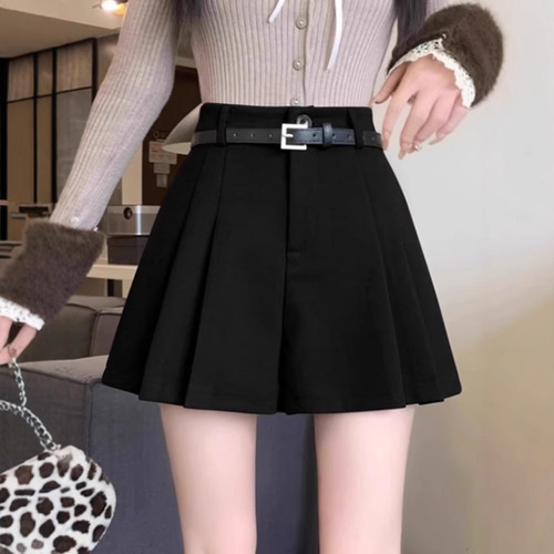 Women's Autumn/Winter Outerwear Boot Pants High-Waisted A-Line Wide Leg Casual Skirt - 2025 New Coffee Brown Pleated Wool Knit Shorts