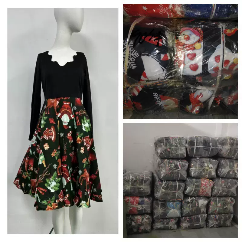外贸尾货杂款混合圣诞节万圣节印花连衣裙圣诞裙批发 Amazon