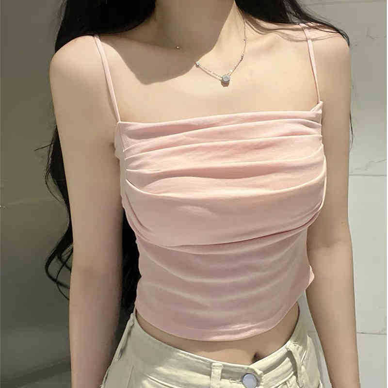 Versión coreana del deseo puro de mostrar el pecho, un gran tirante de un solo hombro plisado, hermoso chaleco trasero, una pieza con almohadilla para el pecho, top de tubo