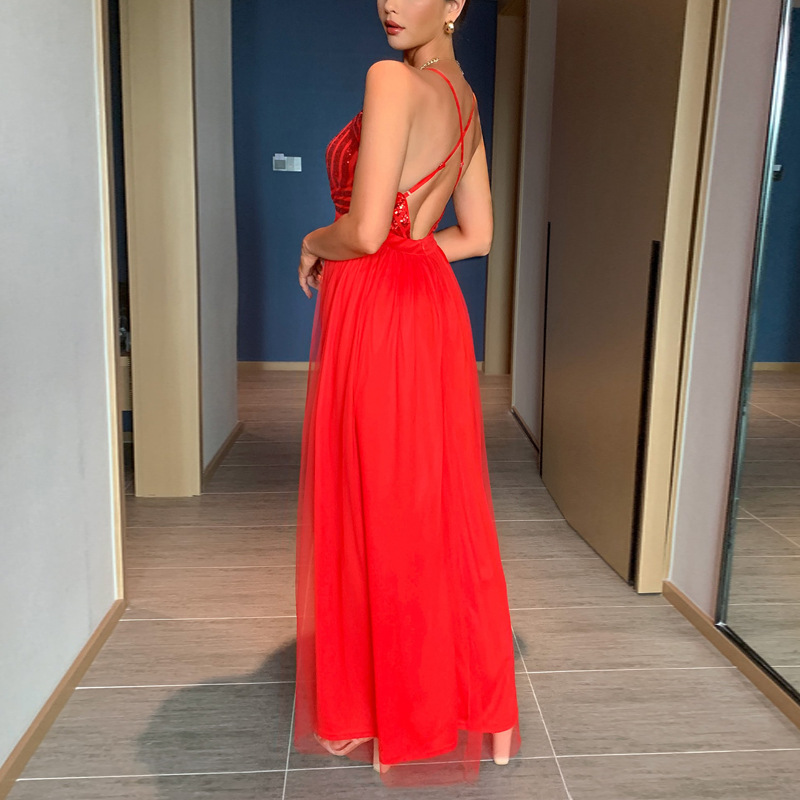 Elegante abito da sera lungo in mesh con spalline sottili_voghion.com