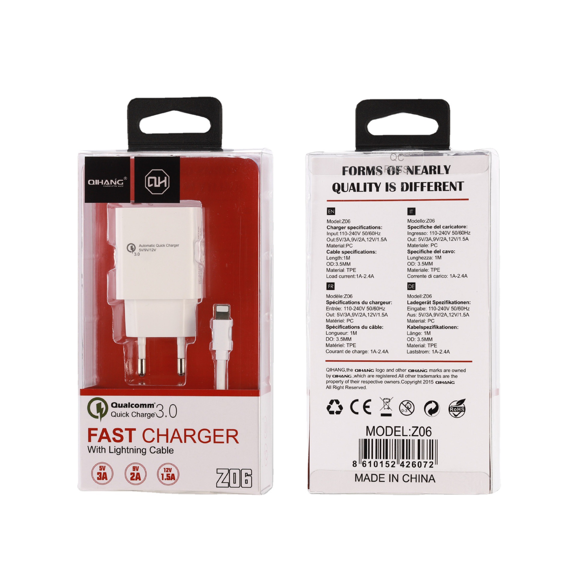 QIHANG充电器套装欧规美规充电插头数据线18WQC3.0快充适配器批发