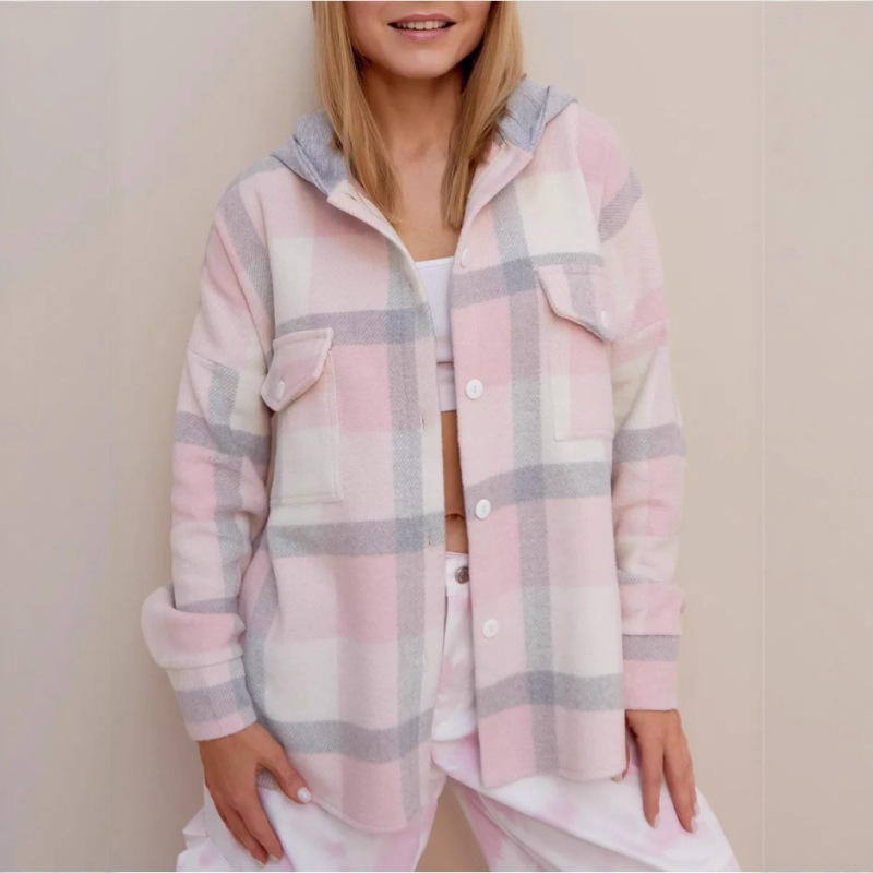 Cardigan Jacket European and American Woolen Long-Sleeved Jacket Hooded Cross-Border Amazon Women's Plaid Autumn and Winter Sweatshirt Women's Clothing