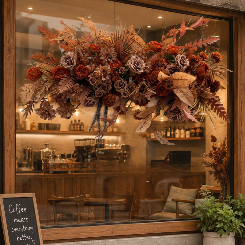 Autumn and winter-themed artificial flowers in the Maillard color palette, suitable for shop window displays and storefront decorations; brown-colored finished floral arrangements Autumn and winter-themed artificial flowers in the Maillard color palette, suitable for shop window displays and storefront decorations; brown-colored finished floral arrangements