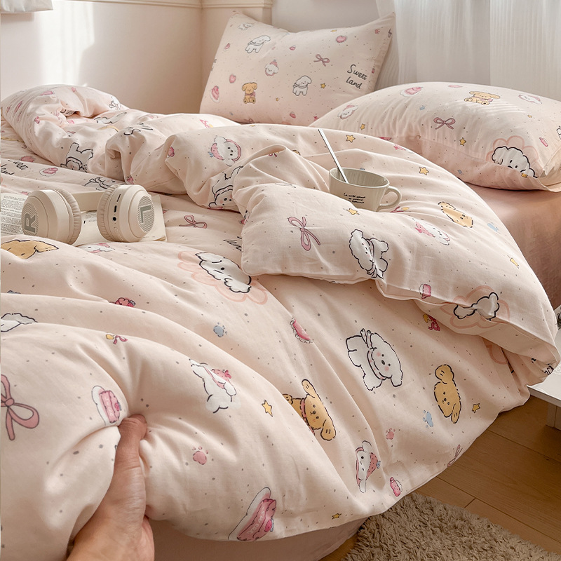 Juego de cuatro piezas de cama de algodón de hilo de doble capa 2025 nueva funda de edredón de sábana ropa de cama de dormitorio de estilo pastoral