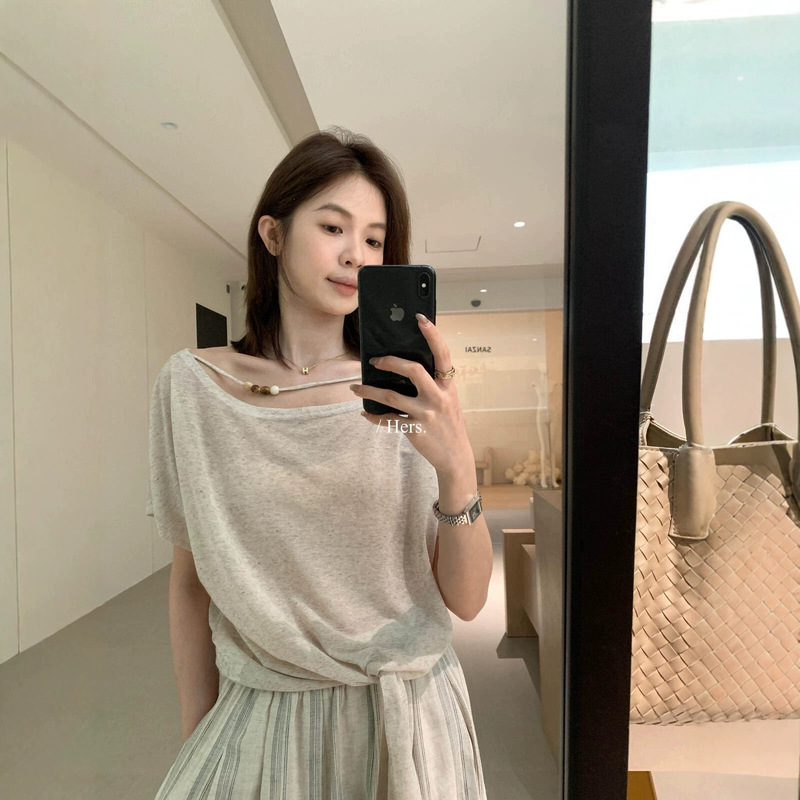 Hers Sweet Summer French Retro Style Elegant Tie-Strap Beaded Front Short-Sleeve Blouse for Women 80654