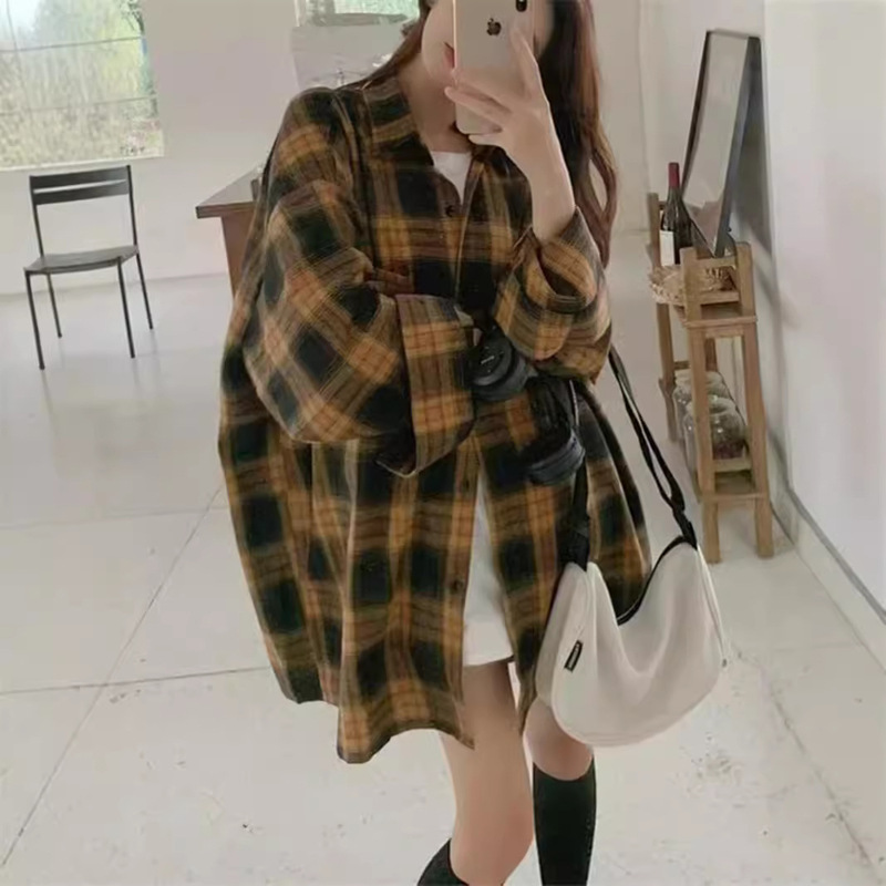 Plaid Shirt Jacket for Women, Spring and Autumn, American Retro Style, Loose Mid-Length, Lazy Brushed Flannel Shirt, Cardigan Top, Long Sleeves