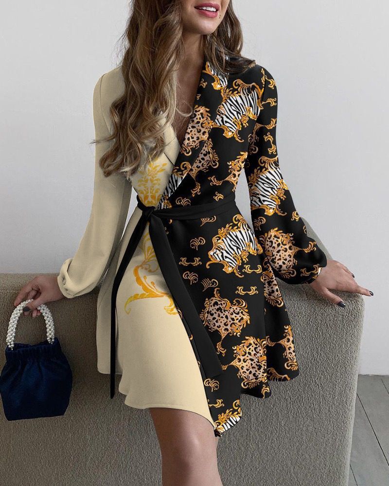 Floral Printed Lapel Long Sleeve Dress NSCX84787