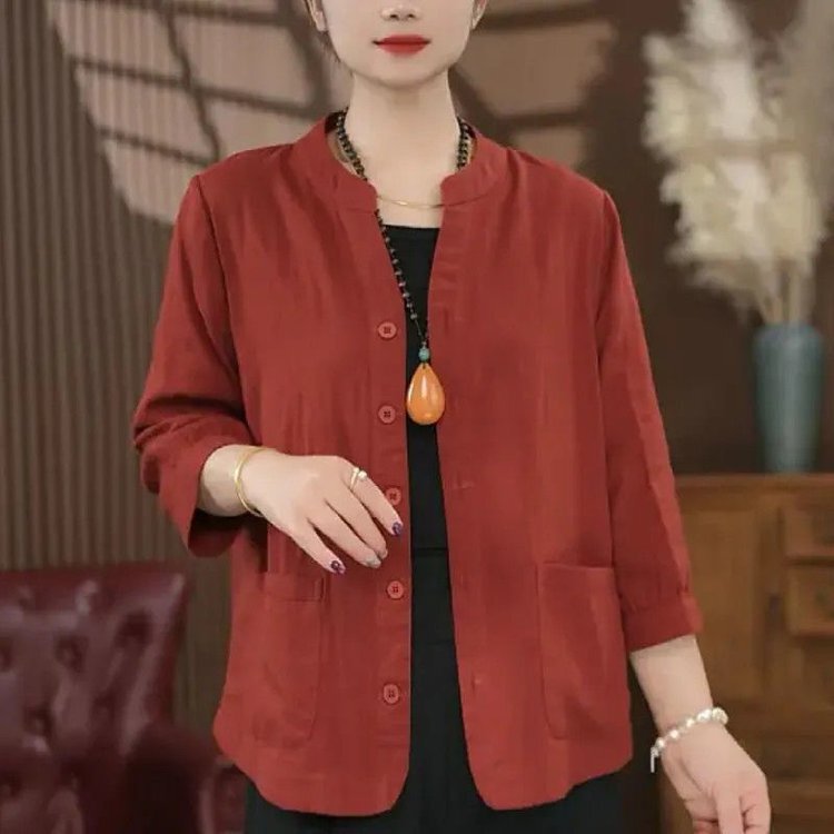 2025 New Summer Shirt Cotton Yarn Cardigan Casual Fashion Loose Women's Mother's Wear Three-Quarter Sleeve Top Shirt