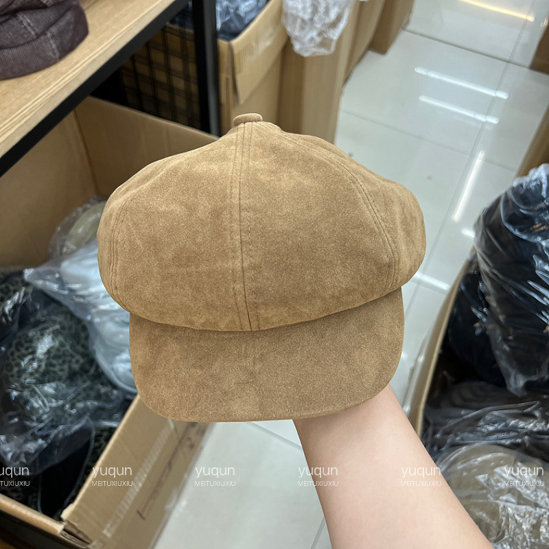 大头围日系复古麂皮绒鸭舌帽女秋冬百搭显脸小八角帽文艺画家帽子|undefined