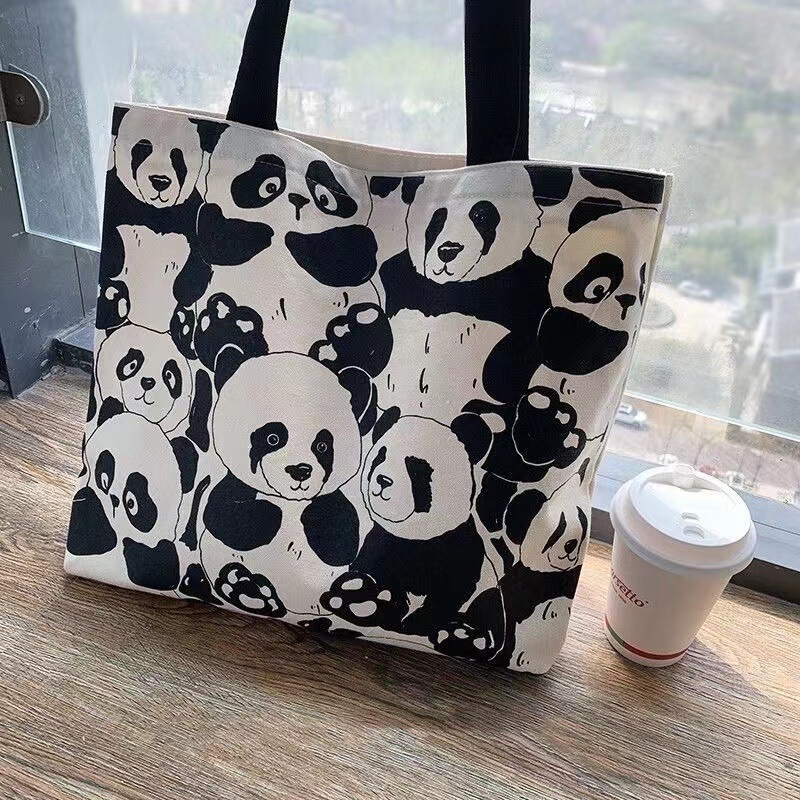 Original Panda Large Capacity Shoulder Canvas Bag Female Student Commuting Portable School Bag 2024 New Fashion