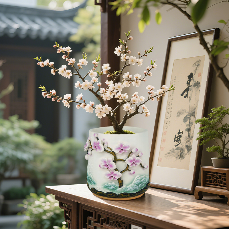 Overseas Hot ChinaFourGentlemen Three-dimensional Pattern Plum Blossom Decorative Thickened Large Diameter Resin Flower Pot