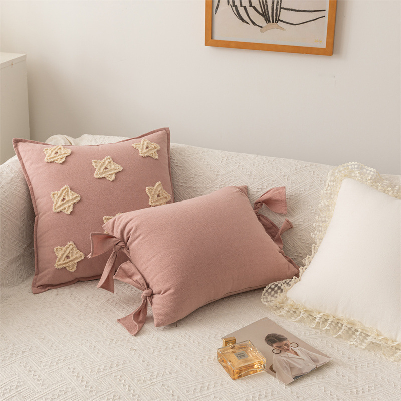 Housse de coussin de canapé en coton et lin de couleur unie avec nœud brodé en forme d'étoile pour décoration de maison_voghion.com