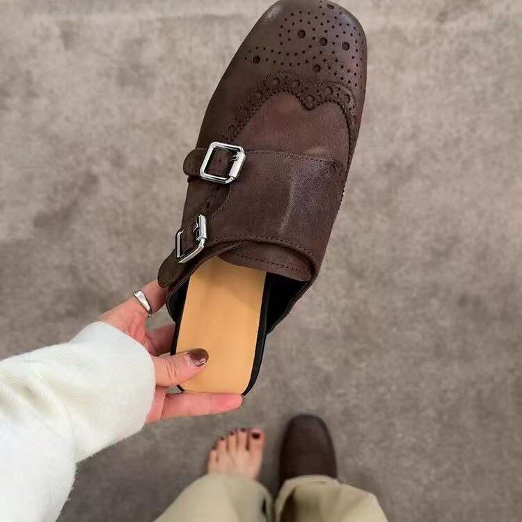 Giày lười nữ mũi vuông da thật kiểu Brogue hai hàng khóa, đế bằng — Màu nâu, màu đen