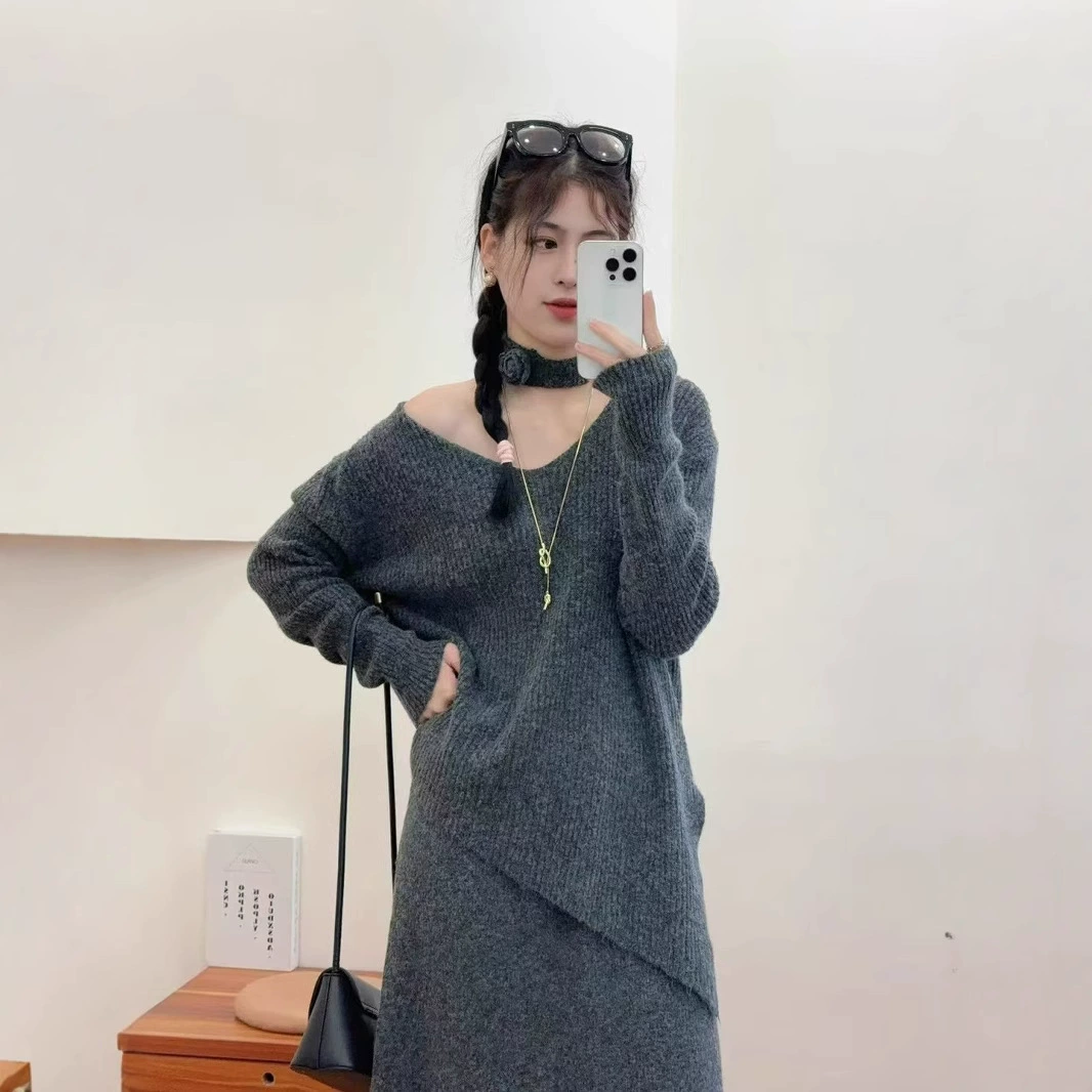 Большой размер женская осень-зима нерегулярный свободный плащ свитер темпераментный темперамент длинная юбка с высокой талией