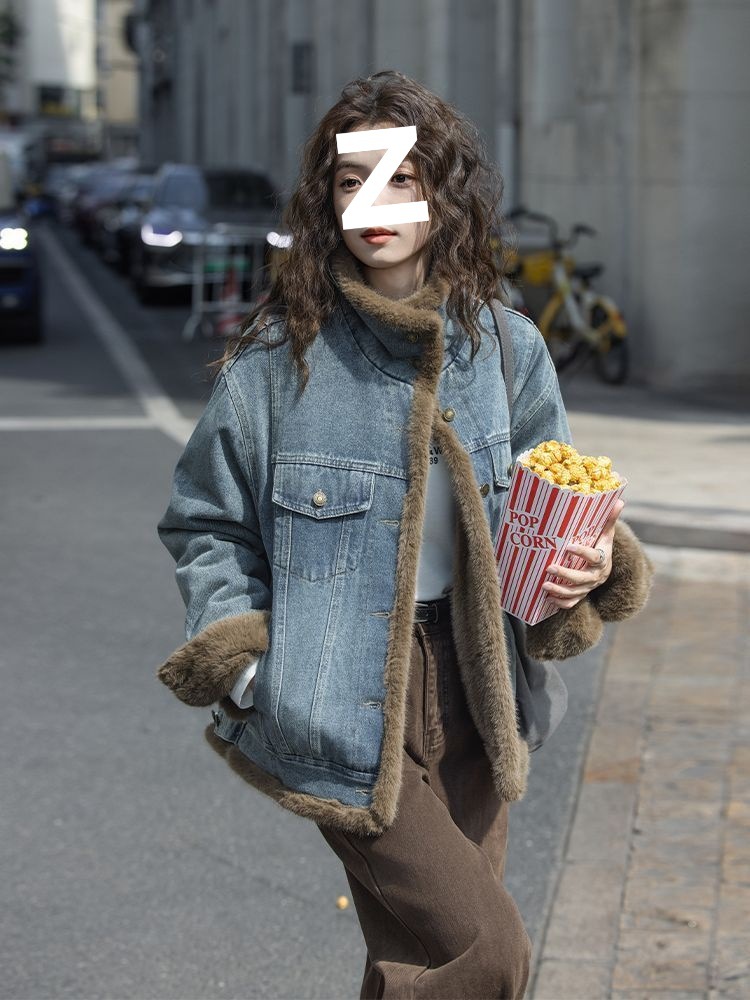 复古保暖毛绒牛仔外套2025冬新款休闲百搭宽松立领加厚棉服女
