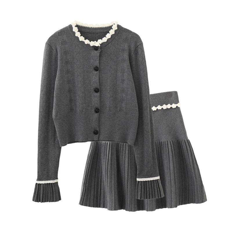 European-Style French Retro Chanel-Inspired Floral Color-Blocking Decorative Knit Cardigan and Pleated Skirt Set