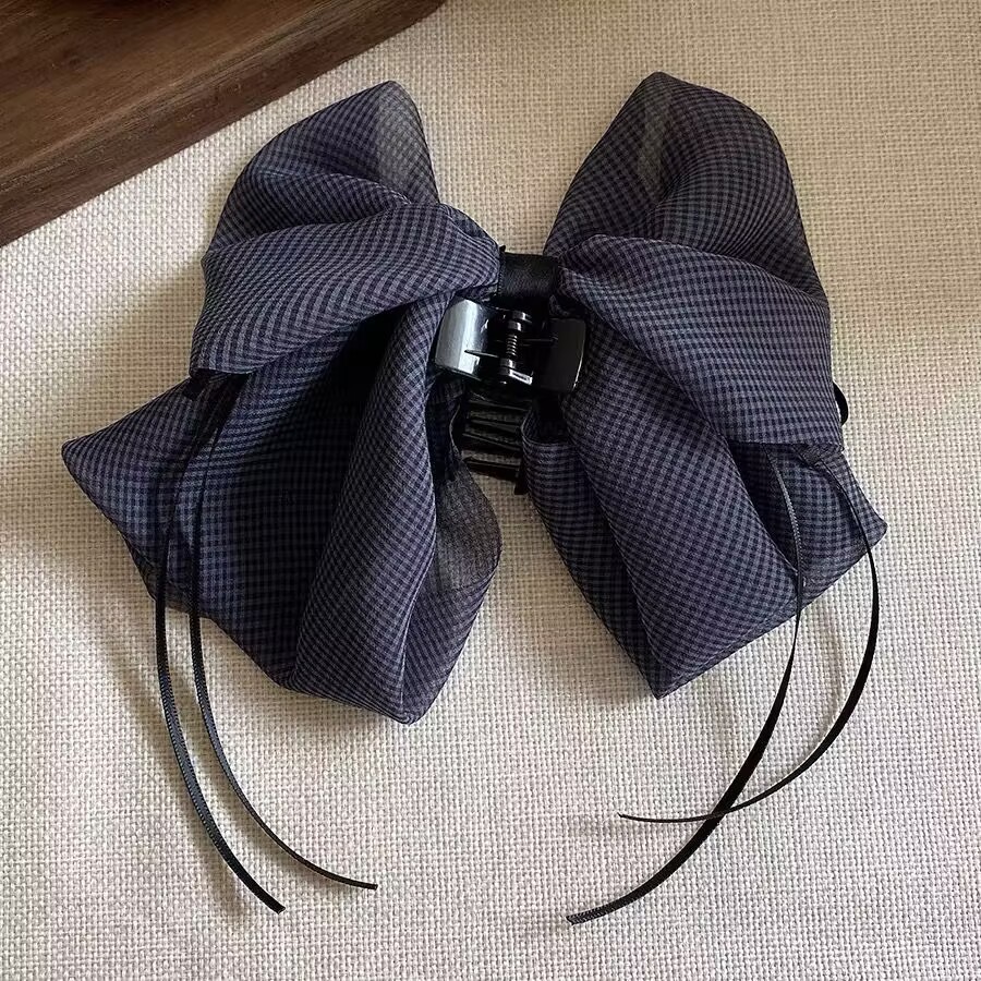 네이비 블루 체크 무늬 리본