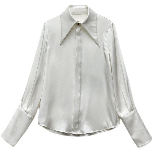 H8A point-neck satin shirt for women in spring and autumn, loose draping silk slip top, design, niche temperament, lapel
