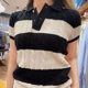 Ralph RL Knitted T-shirt Black and White Striped Cotton Twisting Knit Women's Pullover Polo Shirt Pony Embroidered Top