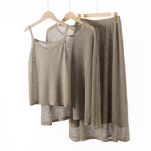 25年夏季新款竹节麻V领吊带背心圆领镂空针织衫长袖半身裙三件套