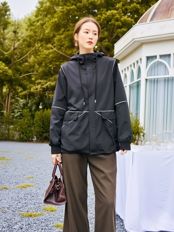 Women's Korean-Style Autumn Trench Jacket, 100% Polyester, Plus Sizes 2XL–6XL, Black