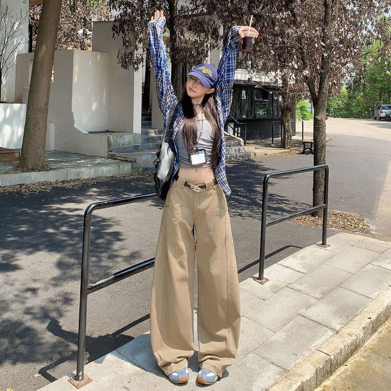 稚橘#立体拼接阔腿弯刀工装牛仔裤女宽松显瘦遮胯小众百搭拖地裤|undefined