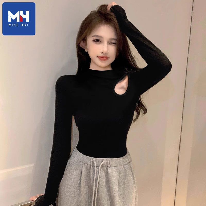 唐狮集团螺纹黑色半高领镂空打底衫女秋冬内搭设计长袖t恤上衣