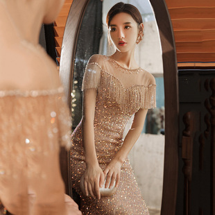 Sequin Dress Skirt for Women 2025 New European and American Elegant Annual Meeting Host Long Fishtail Tassel Banquet Evening Dress