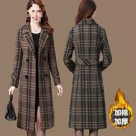 （加绒）毛呢外套女2024秋冬款长款过膝加厚保暖千鸟格子毛呢大衣