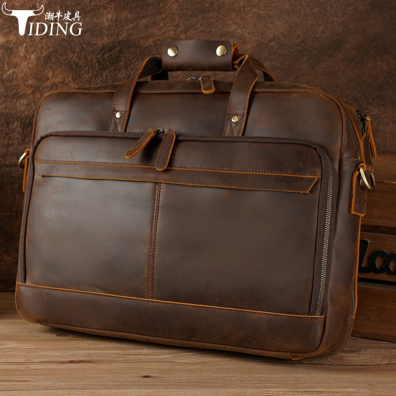 Chao Niu New Vintage Genuine Leather Handbag Men's Multifunctional Single Shoulder Crossbody Bag Large Capacity Business Briefcase for Men