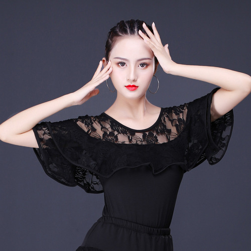 Black red lace ballroom latin dance tops for women Square dancing uniforms new female adult coat Latin dance clothing modern jacket with short sleeves