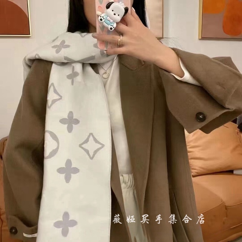 秋冬季羊毛围巾女士流苏老花字母披肩双面羊绒玫瑰粉浅灰围脖保暖|undefined