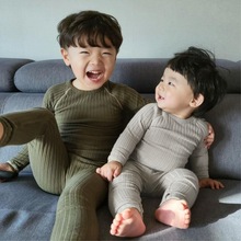 2024秋款婴童a类软糯棉粗坑条加厚弹力T恤上衣+打底套装婴儿睡衣