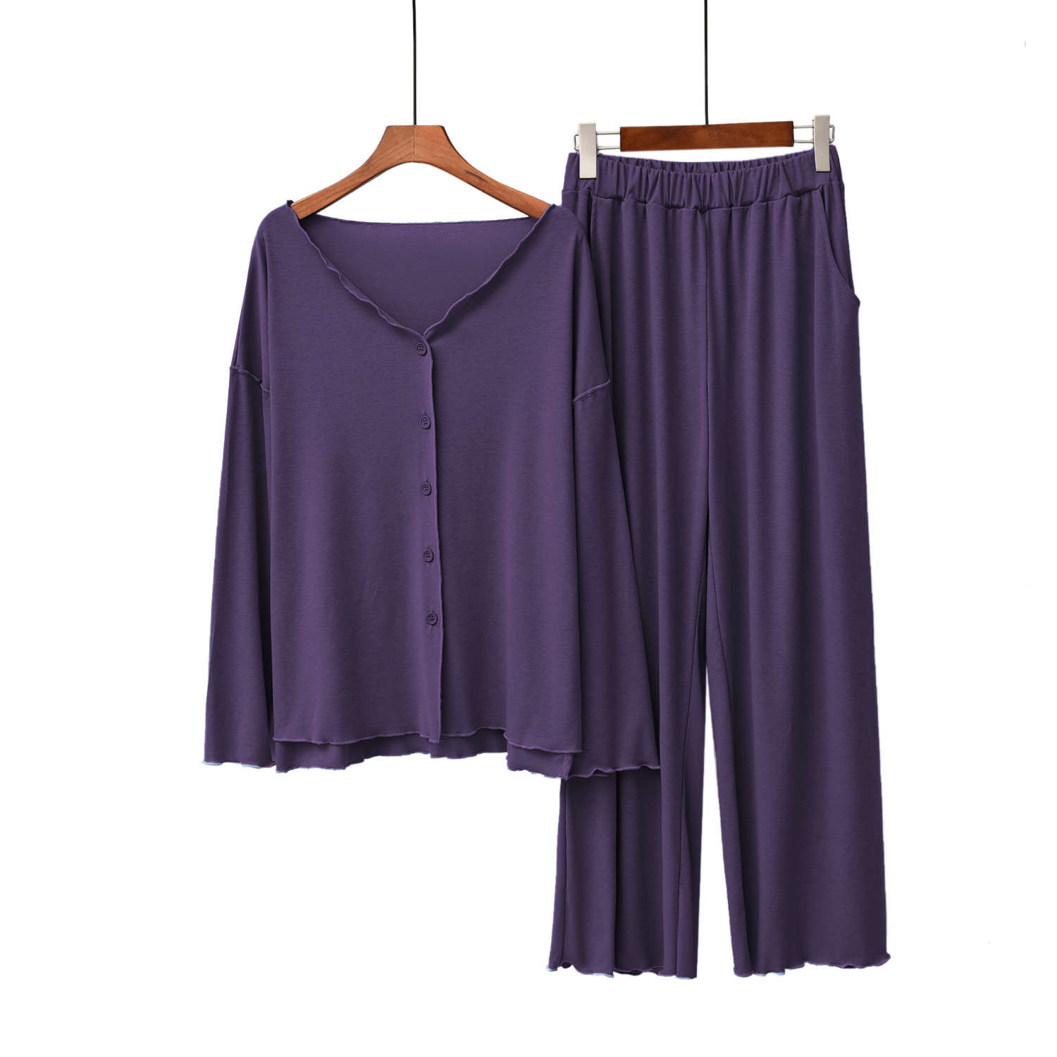Conjunto de pijama para mujer, de modal, con volantes, cuello en V, cárdigan de manga larga, pantalones largos, holgado, para estar en casa.