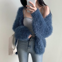 韓国のchicの怠惰なvネックの単列のセーターのコートはミンクの毛の柔らかいモチモチの長袖の毛のニットのカーディガンの女性をまねます。