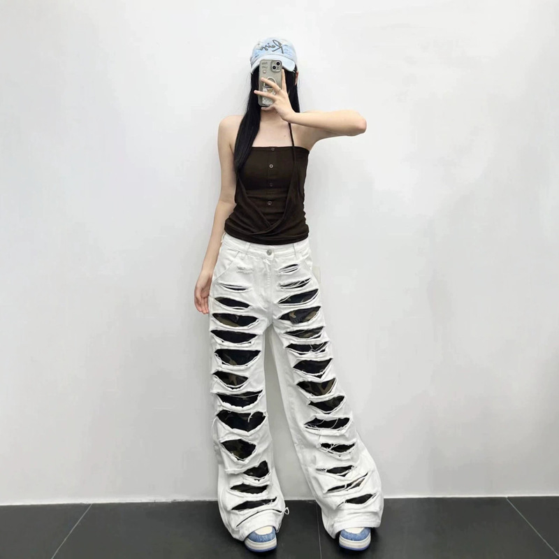 Heavy-Duty Multi-Layer Ripped Jeans with White and Blue Double-Color Frayed Edges + Camouflage Lining Wide-Leg Floor-Length Dad Pants Heavy-Duty Multi-Layer Ripped Jeans with White and Blue Double-Color Frayed Edges + Camouflage Lining Wide-Leg Floor-Length Dad Pants