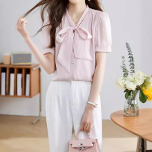 2024新款欧货气质显瘦纯色V领欧根纱系带单排扣短袖雪纺衬衫女夏