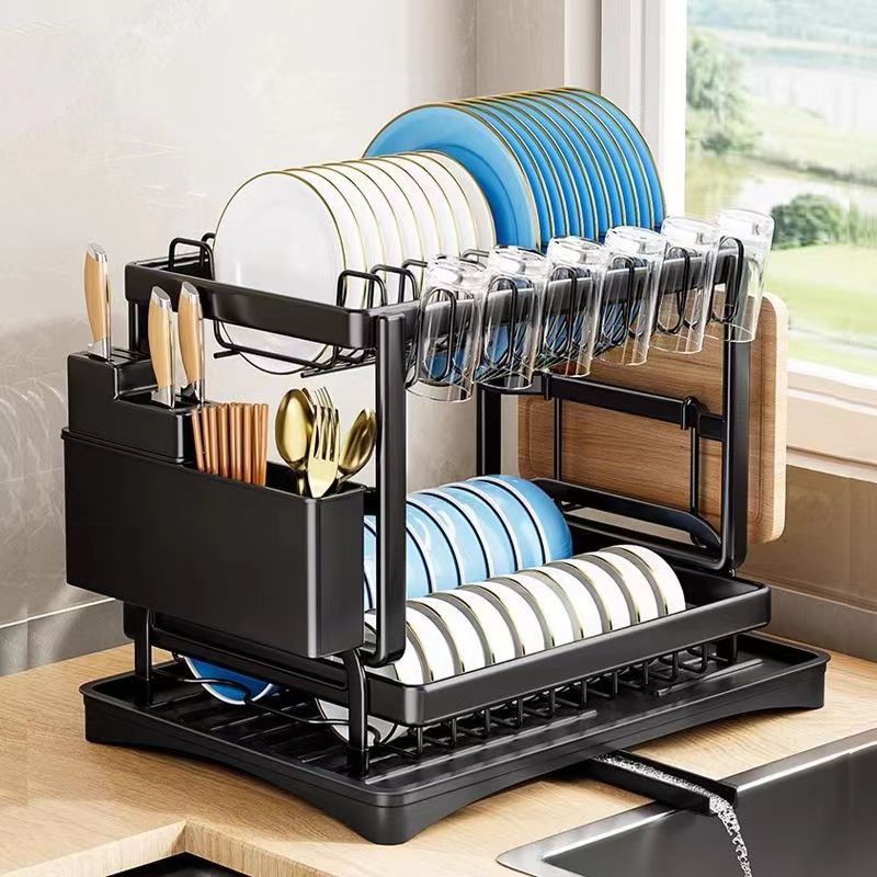 Estante de platos de cocina transfronteriza estante de metal doméstico almacenamiento de platos estante de drenaje multifuncional acabado de mesa doble capa