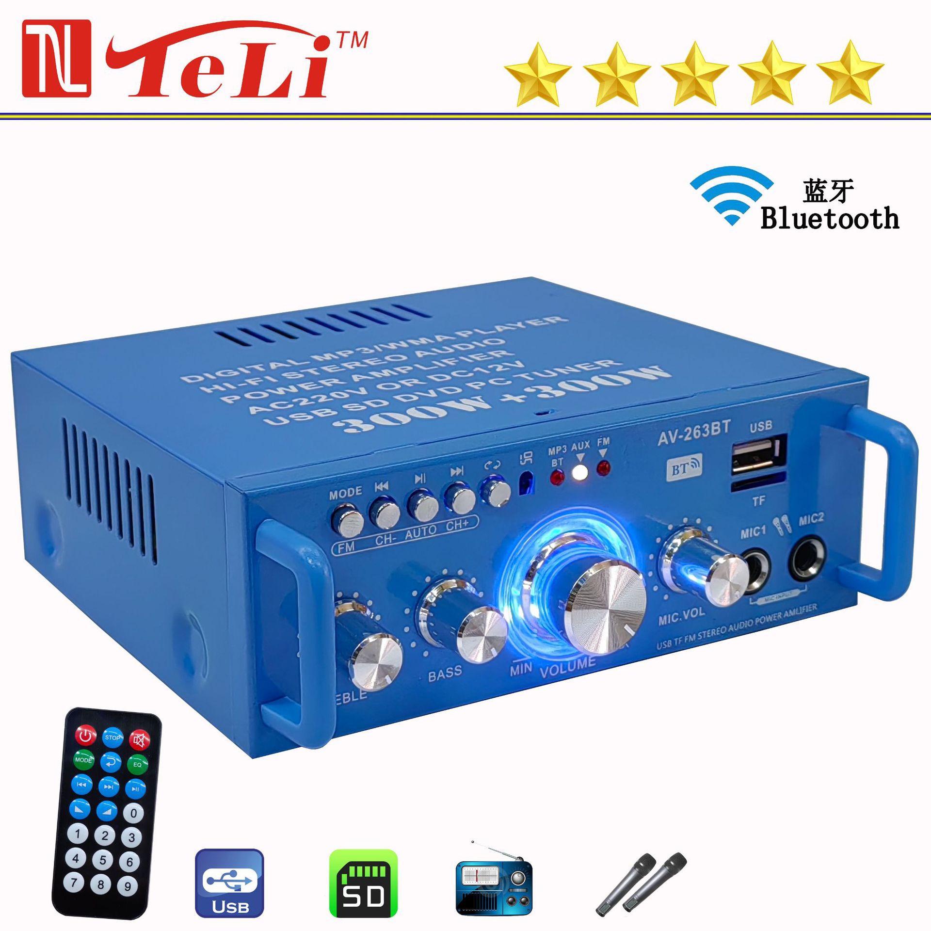 Стерео усилитель HiFi AV-263BT синий