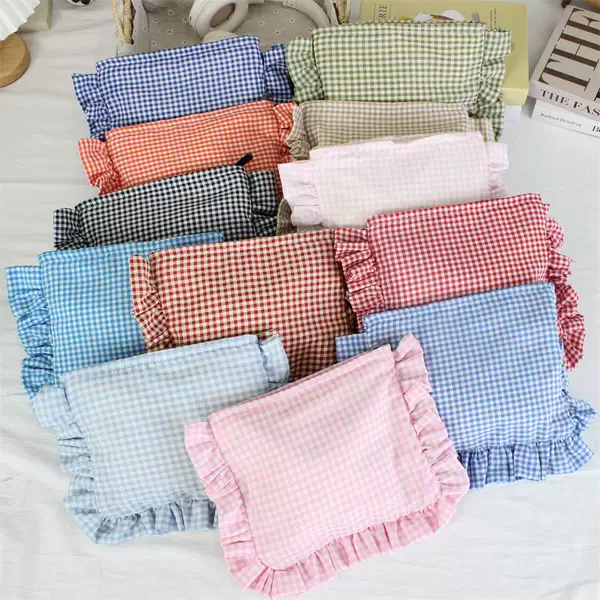 Korean-Style Ins-Style Ruffled Edge Plaid Makeup Bag, Student Portable Touch-Up Clutch, Large Capacity Travel Toiletry Bag