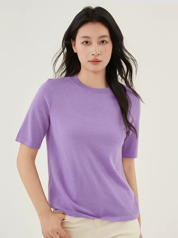 Цветной вязаный кашемир, с коротким рукавом, круглый ворот