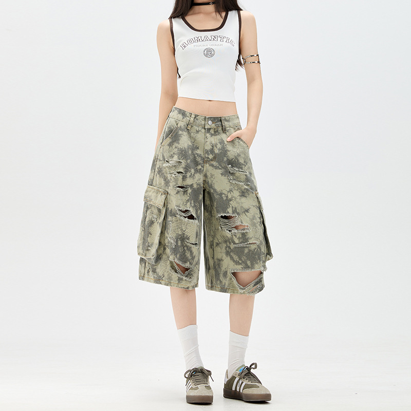 迷彩破洞工装阔腿牛仔裤女2025年夏季新款高腰宽松显瘦五分中裤子