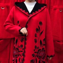 中老年秋冬大码女装针织中长款外套胖妈妈风衣两面穿连帽毛呢大衣