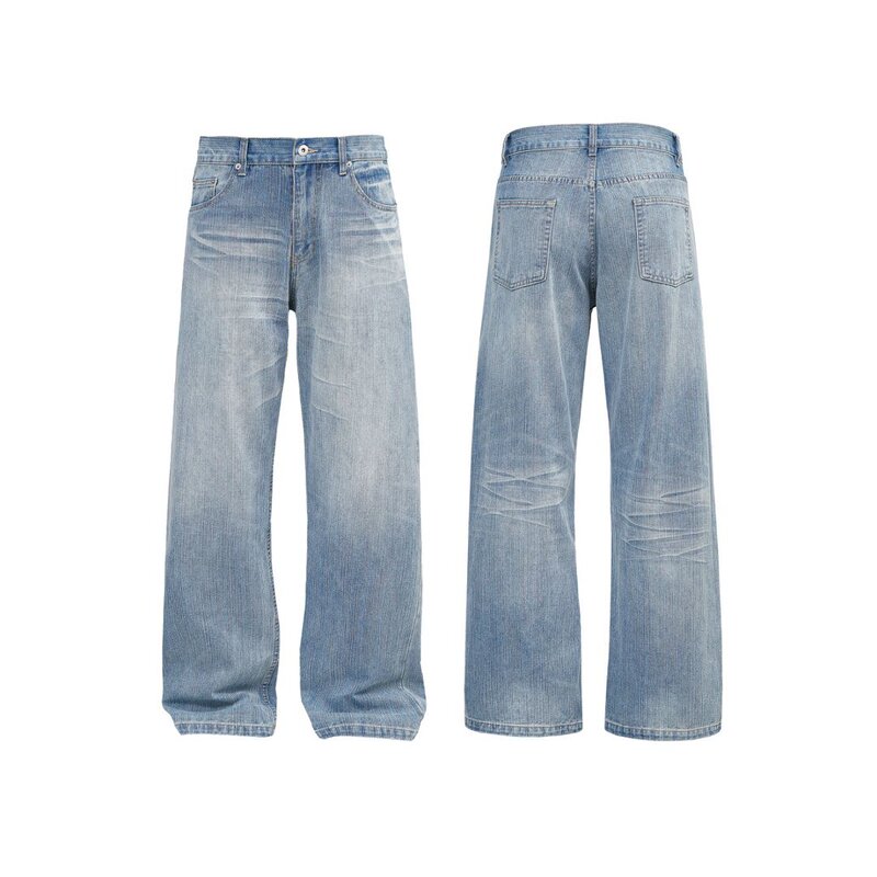 Spring/Summer 12oz Ice Blue Nevada Light Blue Washed Distressed Whiskered Honeycomb Straight Loose Jeans